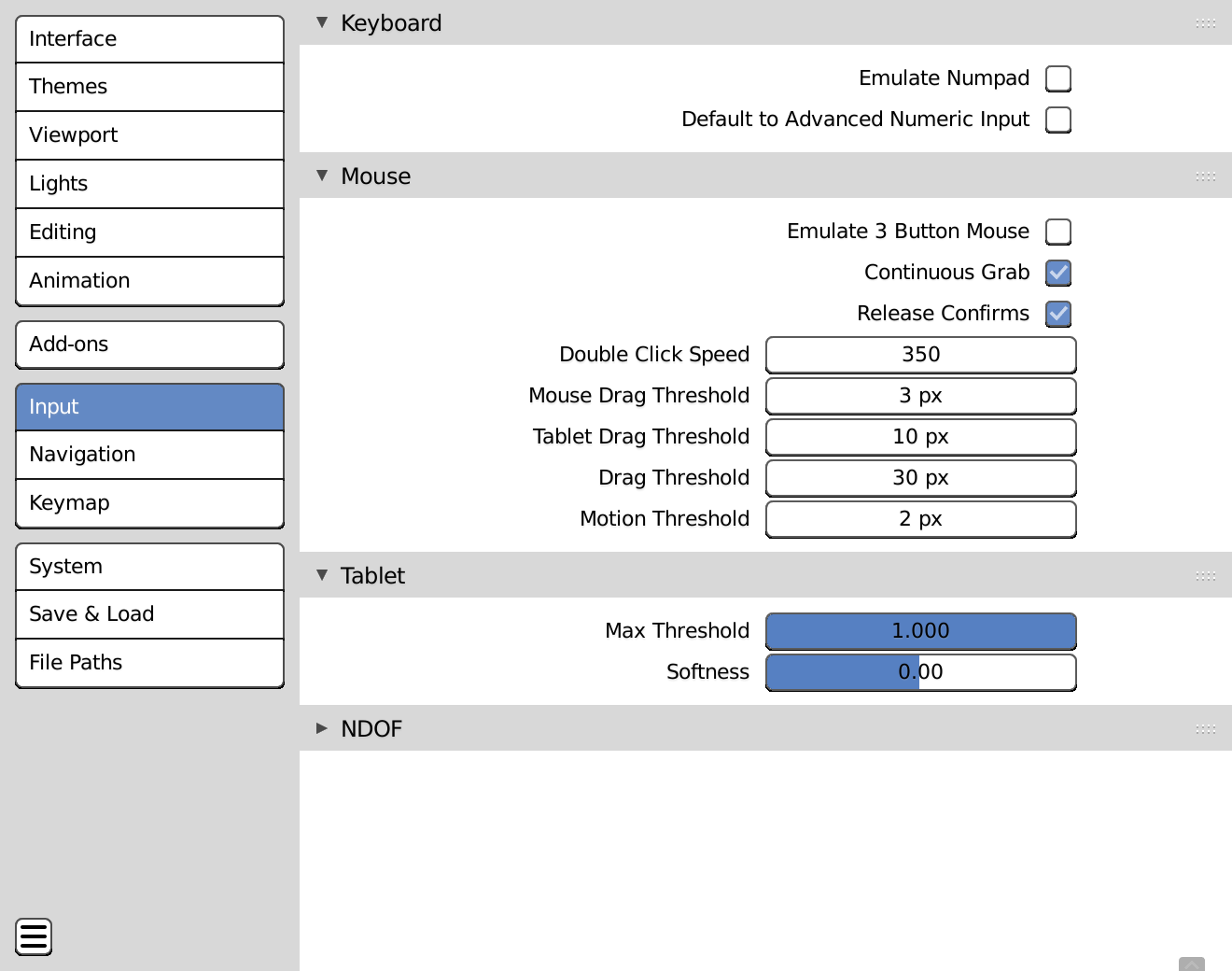 The Input options in Preferences.