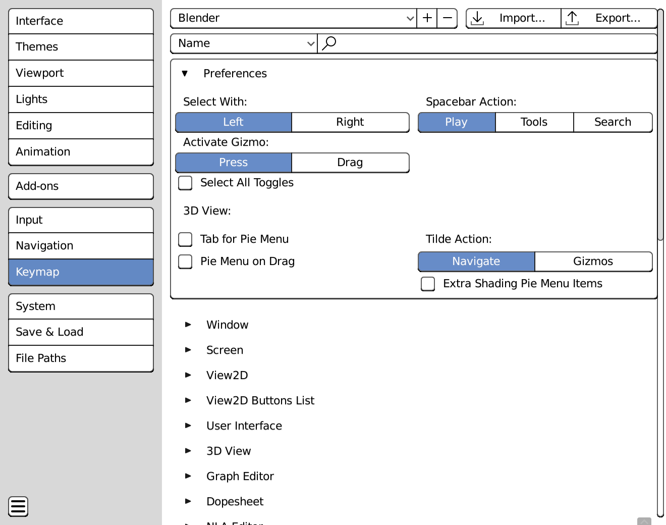 The Keymap section of Preferences.