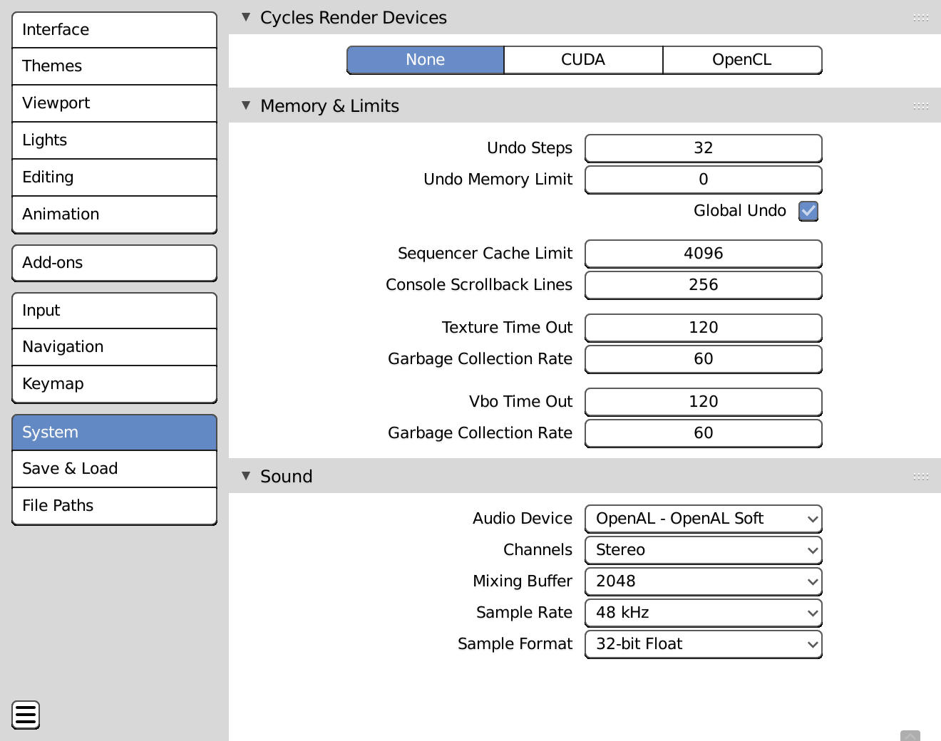 The System options in Preferences.