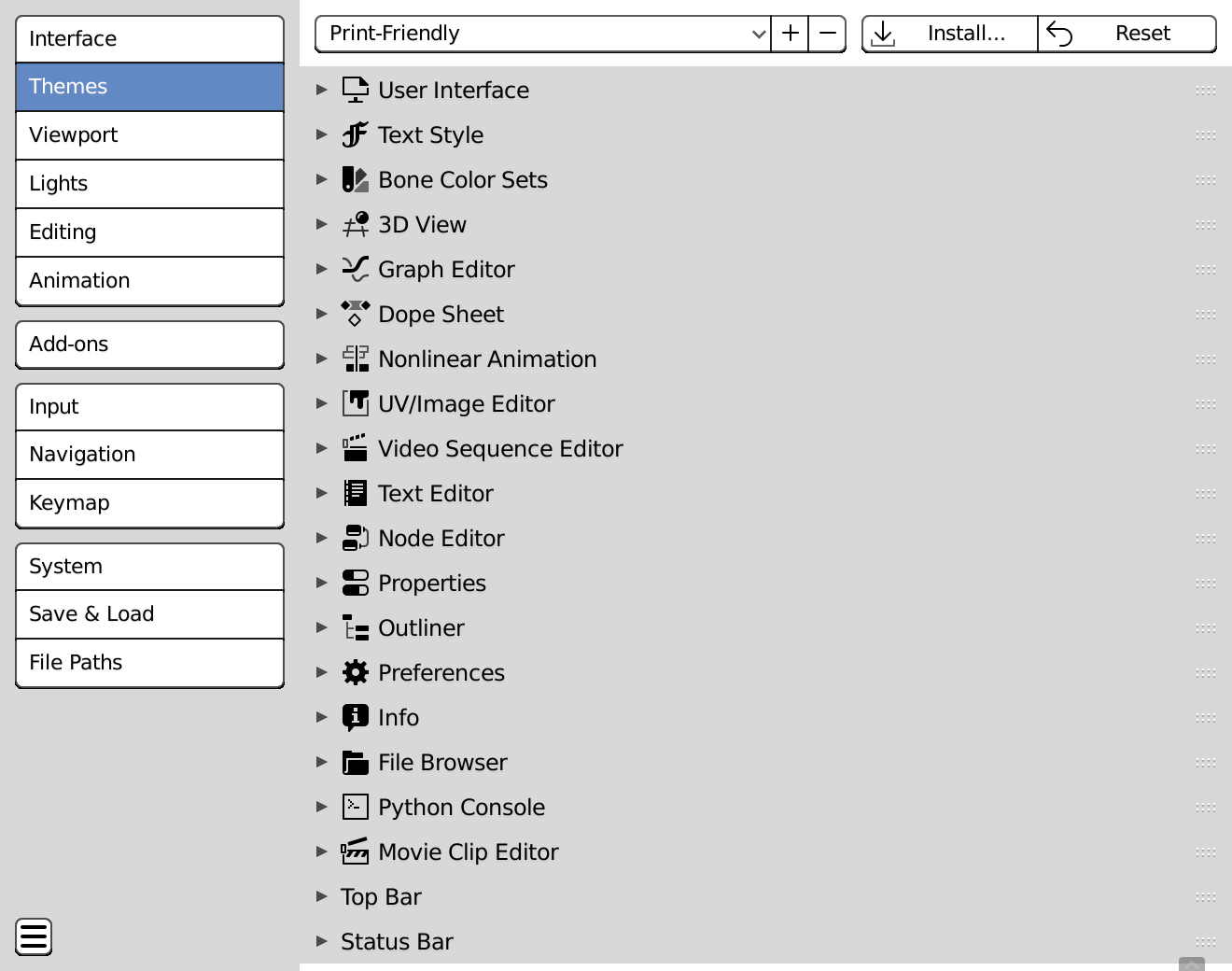 The Themes options in Preferences.