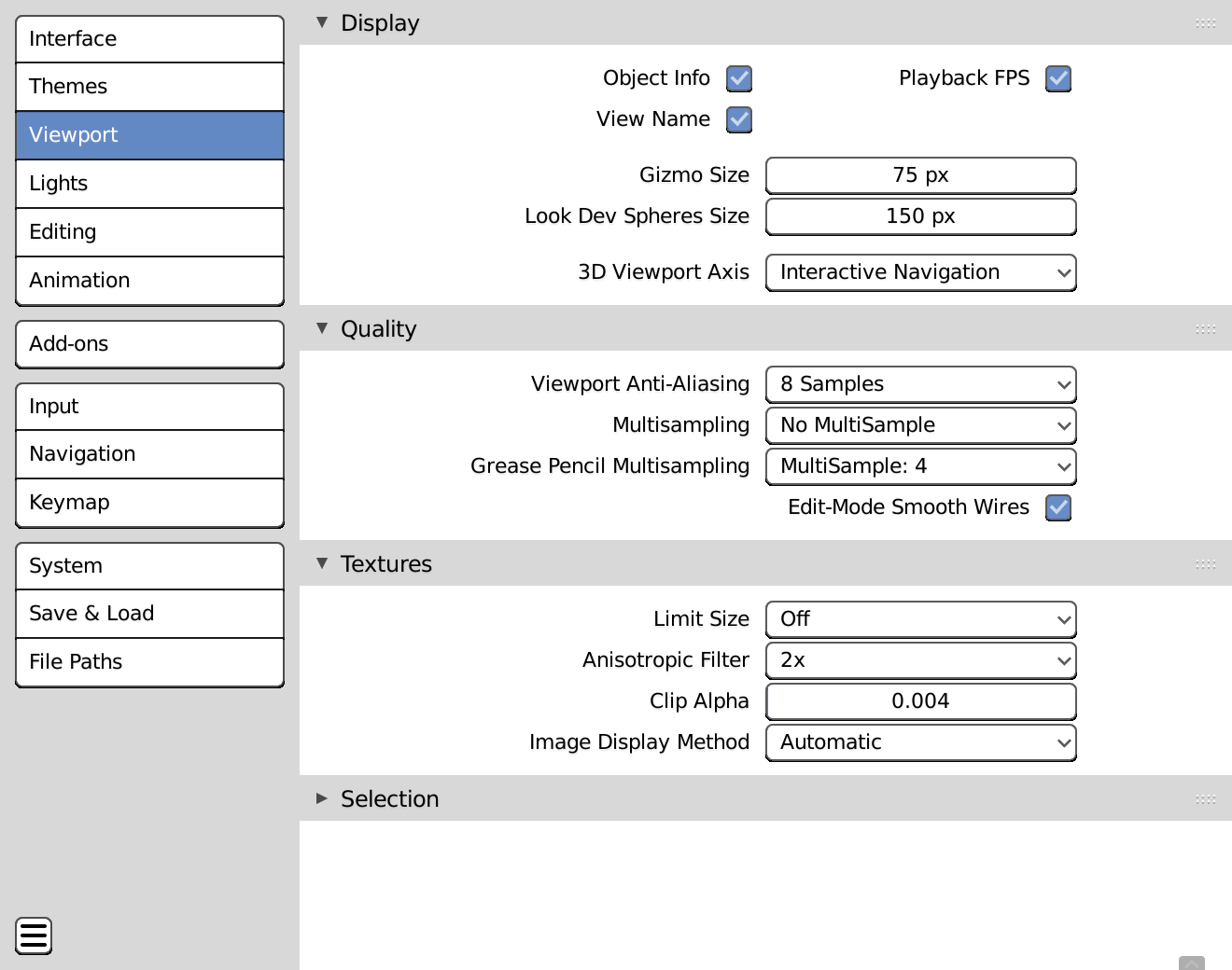 The Viewport options in Preferences. Leave most of these at their default values.